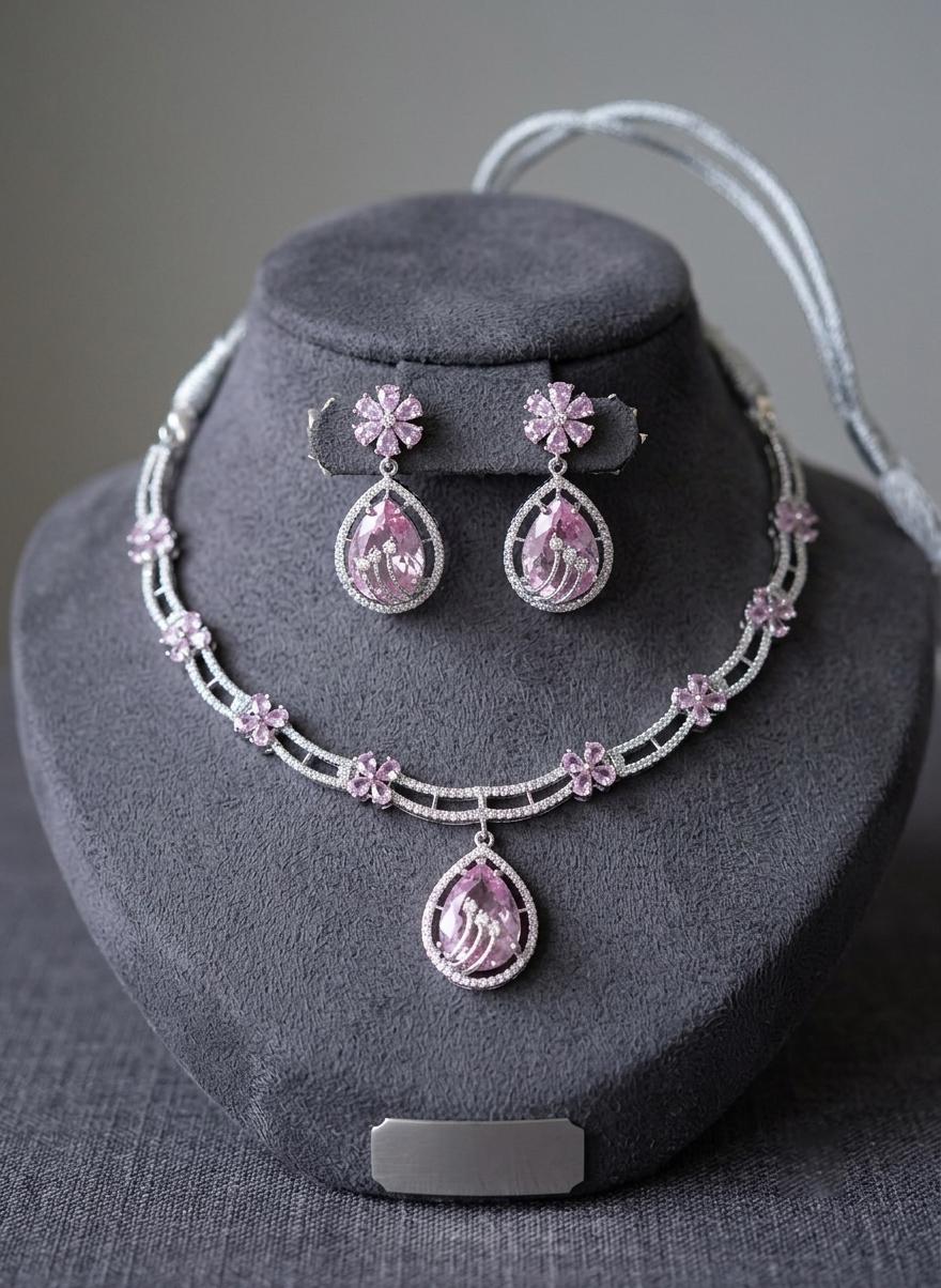 American Diamond Choker Necklace Set| AD Stone Necklace with Earrings| Silver Tone Wedding Jewelry| Pink, Emerald, Green Mint| Gift for her