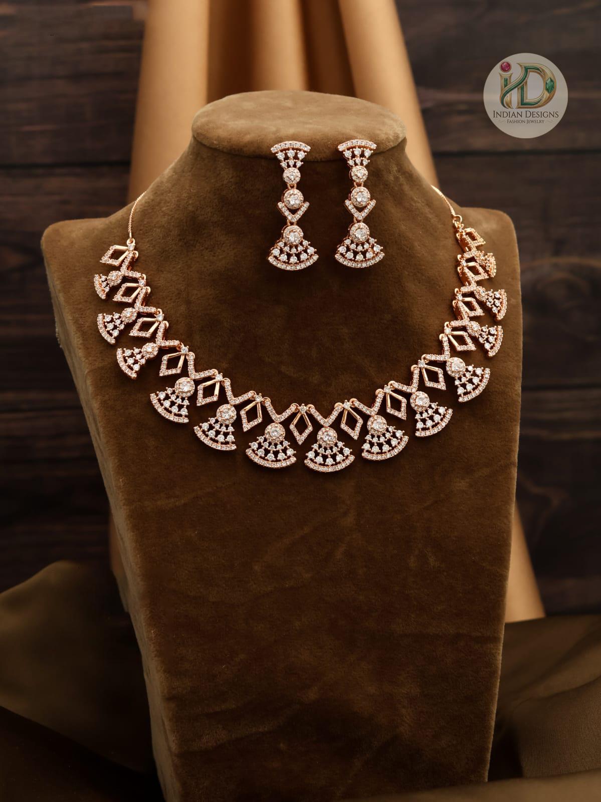 Rose Gold Bridal Jewelry Set| Cubic Zirconia Choker Necklace and Dangle Earrings| Indian Wedding Jewelry| Statement Necklace Set for Bride