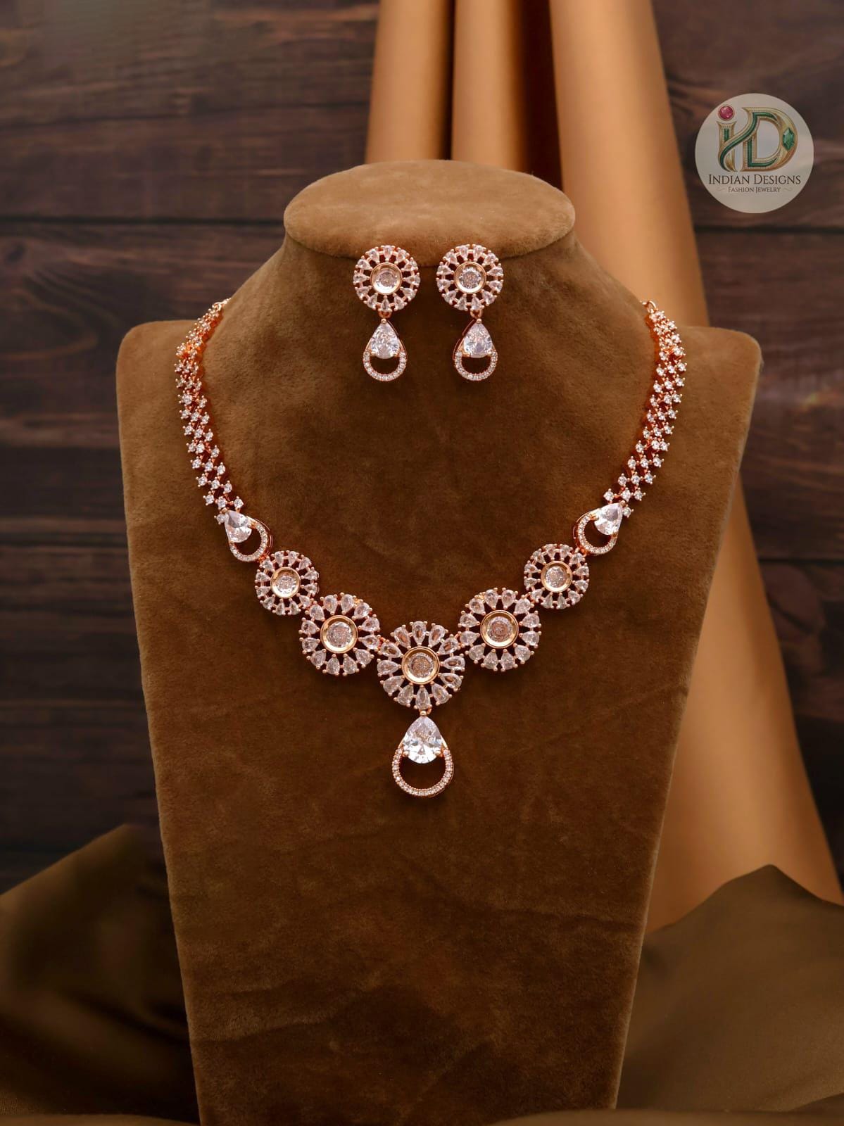 Rose Gold Indian Bridal Necklace Set| American Diamond CZ Choker| Bollywood Statement Jewelry | Daily Wear Wedding Jewelry Set with Earrings