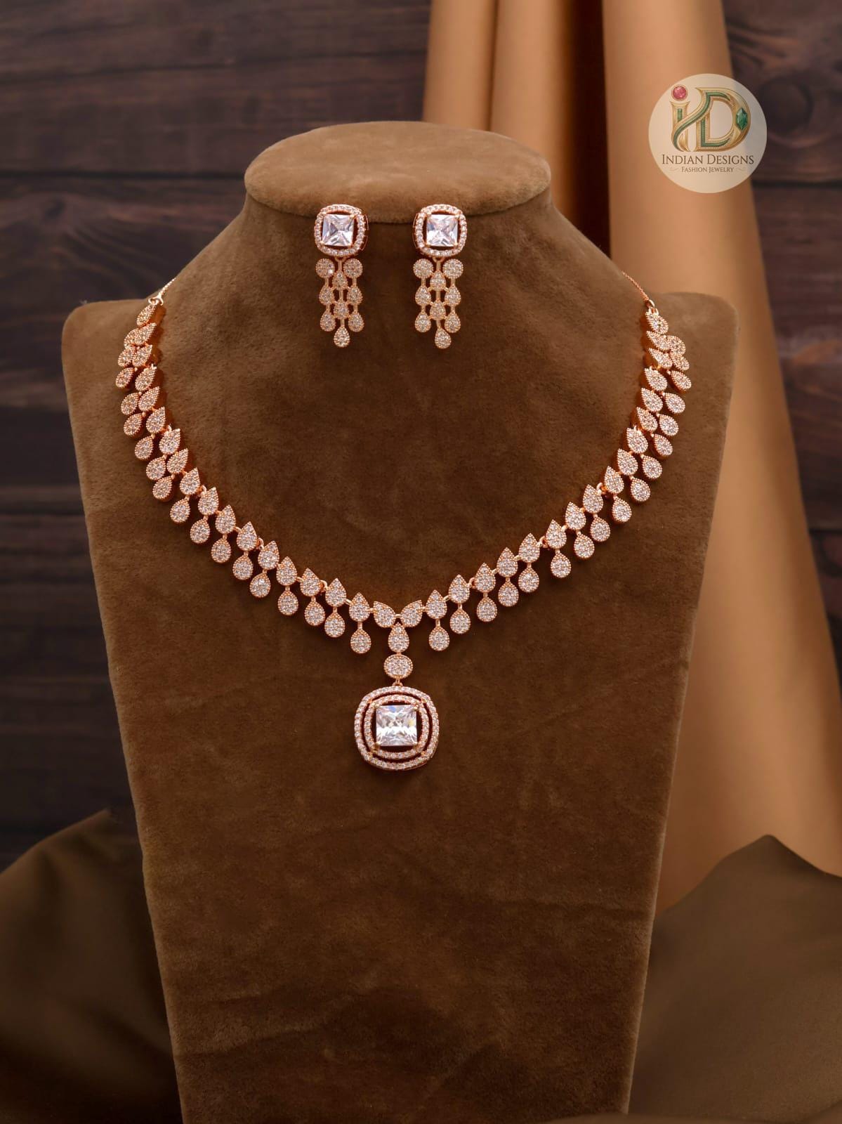 Rose Gold American Diamond Necklace Set| CZ Choker Necklace with Hanging Earrings| Bridal Cz Jewelry Set for Women| Indian Wedding Jewelry