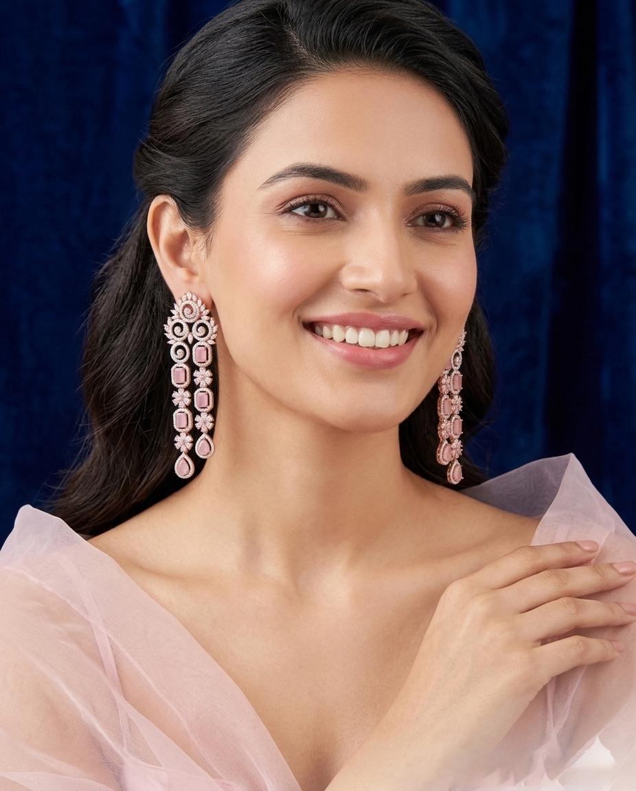 Rose Gold Long Chandelier Earrings| Bridal Statement Dangle Earrings, Pink/Green/Mint Stones| Indian Party wear Jewelry| Lightweight Earring