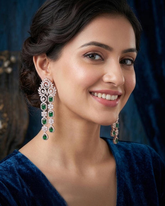 Rose Gold Long Chandelier Earrings| Bridal Statement Dangle Earrings, Pink/Green/Mint Stones| Indian Party wear Jewelry| Lightweight Earring