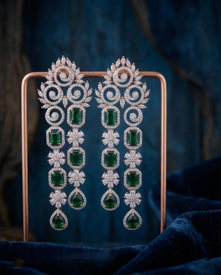 Rose Gold Long Chandelier Earrings| Bridal Statement Dangle Earrings, Pink/Green/Mint Stones| Indian Party wear Jewelry| Lightweight Earring