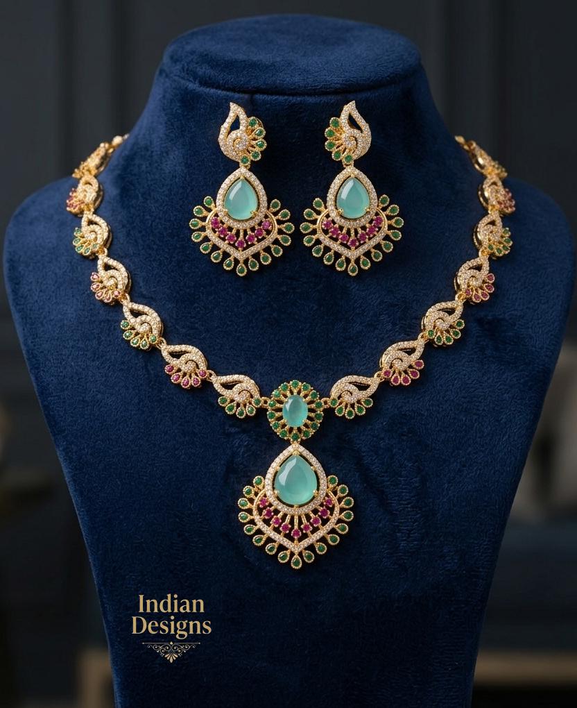 Matte Gold Indian Necklace Set with Earrings| American Diamond CZ Choker| Emerald Green Pink Purple Mint Ruby Necklace Set| Gift for her