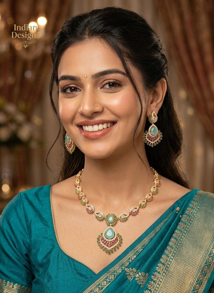 Matte Gold Indian Necklace Set with Earrings| American Diamond CZ Choker| Emerald Green Pink Purple Mint Ruby Necklace Set| Gift for her