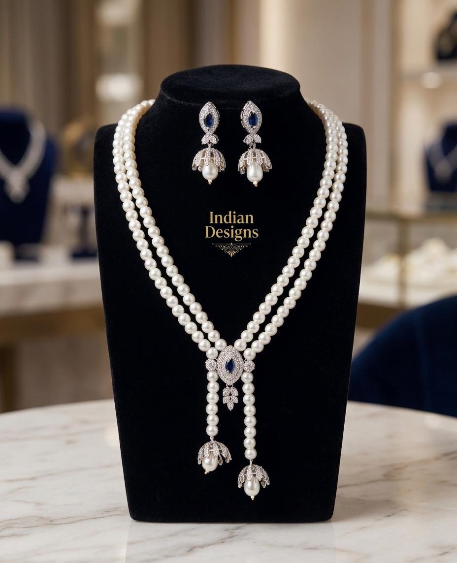 Multistrand Pearl Lariat Necklace & Earrings Set| Elegant Wedding Jewelry for Bride| Statement Necklace| Indian Designs Bridal Jewelry