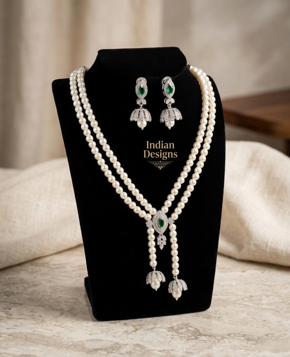 Multistrand Pearl Lariat Necklace & Earrings Set| Elegant Wedding Jewelry for Bride| Statement Necklace| Indian Designs Bridal Jewelry