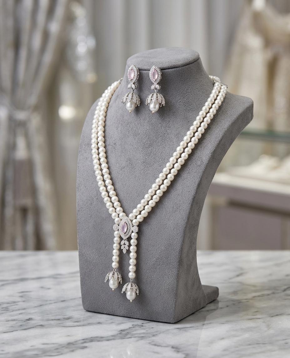 Multistrand Pearl Lariat Necklace & Earrings Set| Elegant Wedding Jewelry for Bride| Statement Necklace| Indian Designs Bridal Jewelry