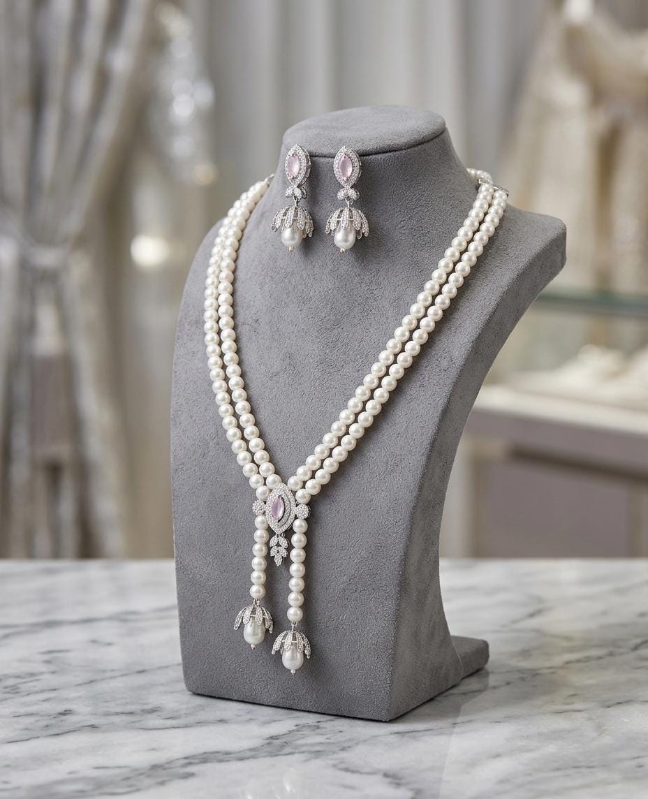 Multistrand Pearl Lariat Necklace & Earrings Set| Elegant Wedding Jewelry for Bride| Statement Necklace| Indian Designs Bridal Jewelry
