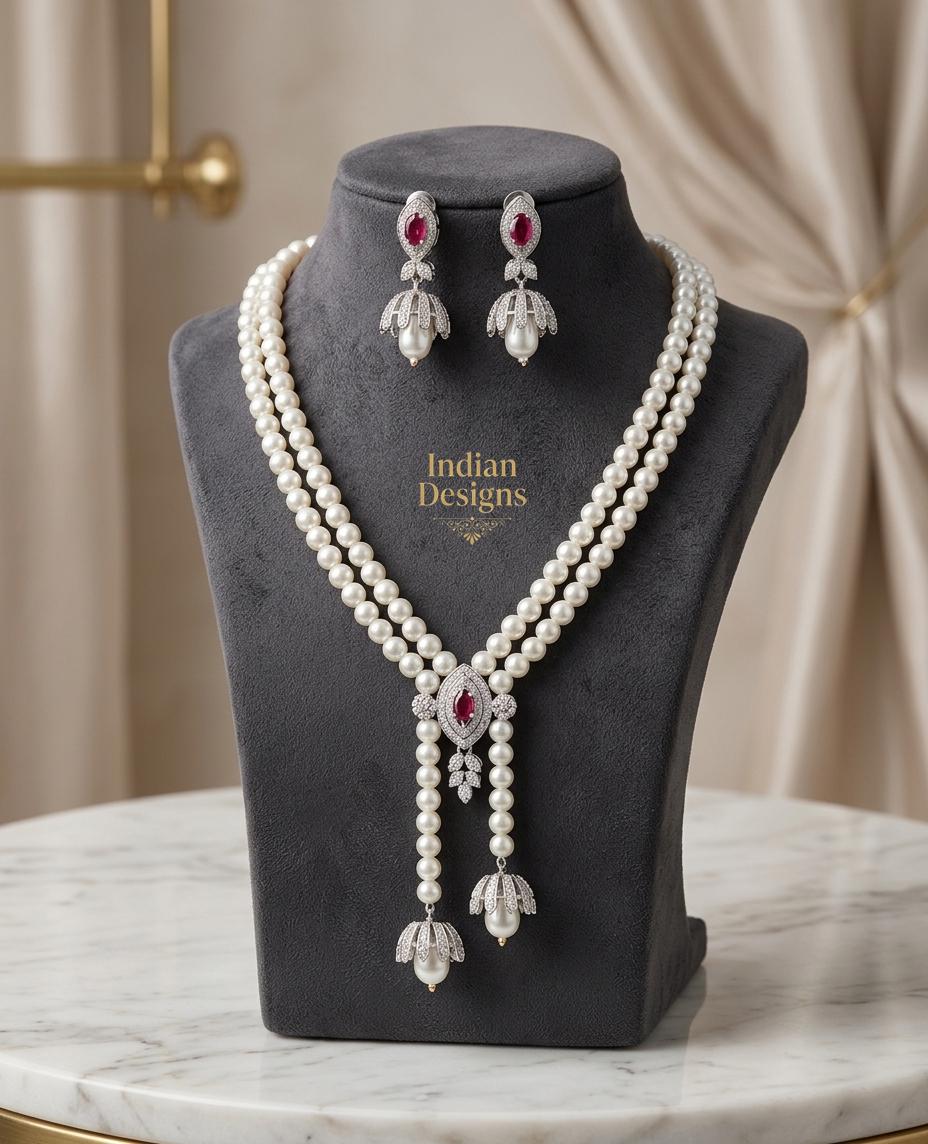 Multistrand Pearl Lariat Necklace & Earrings Set| Elegant Wedding Jewelry for Bride| Statement Necklace| Indian Designs Bridal Jewelry
