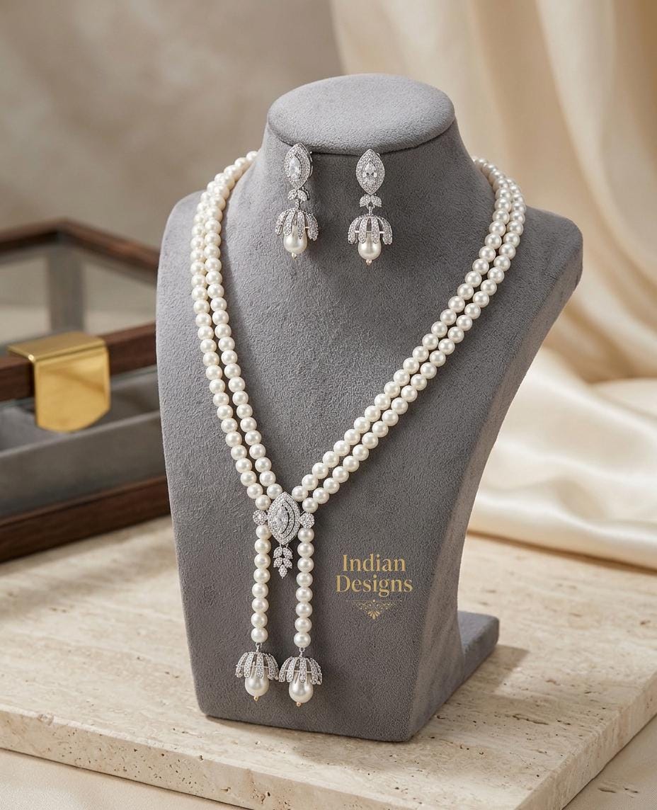 Multistrand Pearl Lariat Necklace & Earrings Set| Elegant Wedding Jewelry for Bride| Statement Necklace| Indian Designs Bridal Jewelry