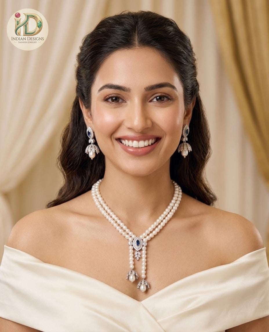 Multistrand Pearl Lariat Necklace & Earrings Set| Elegant Wedding Jewelry for Bride| Statement Necklace| Indian Designs Bridal Jewelry