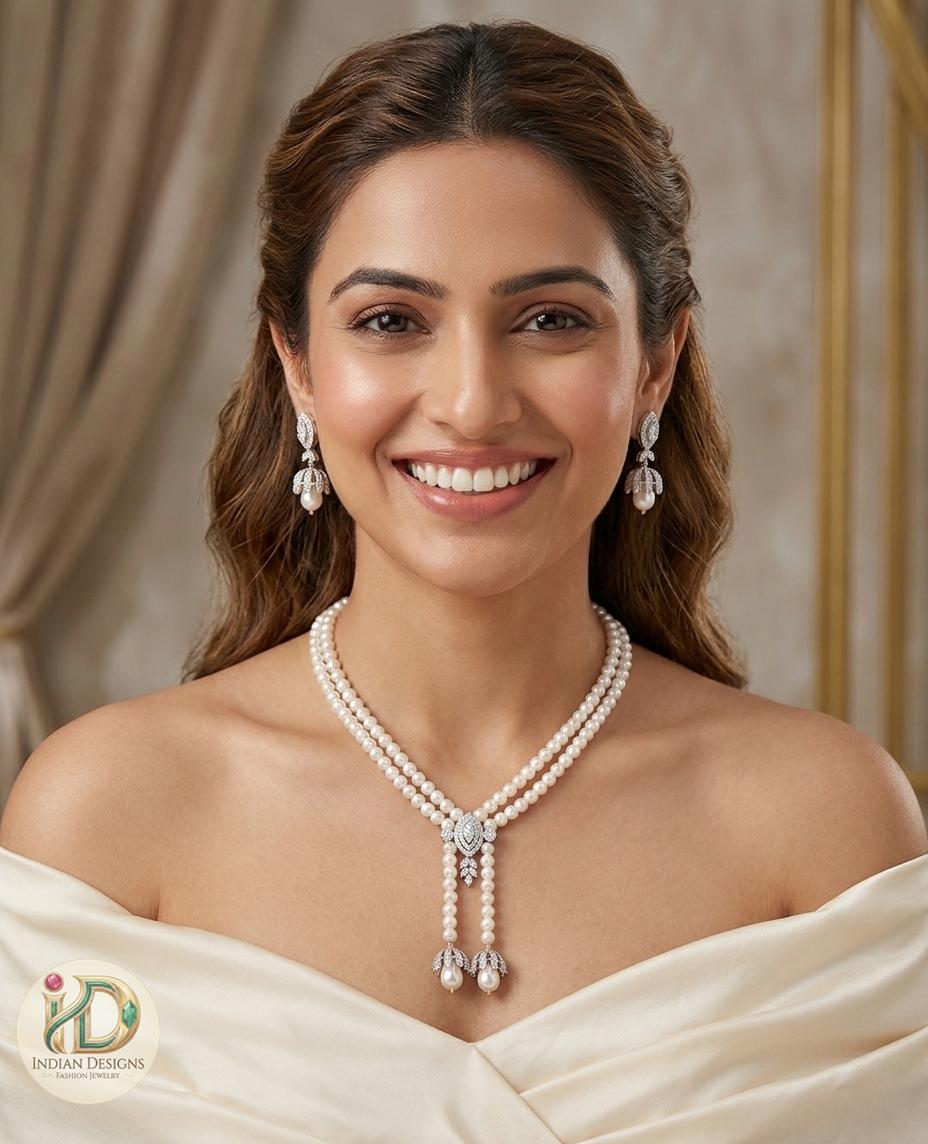 Multistrand Pearl Lariat Necklace & Earrings Set| Elegant Wedding Jewelry for Bride| Statement Necklace| Indian Designs Bridal Jewelry