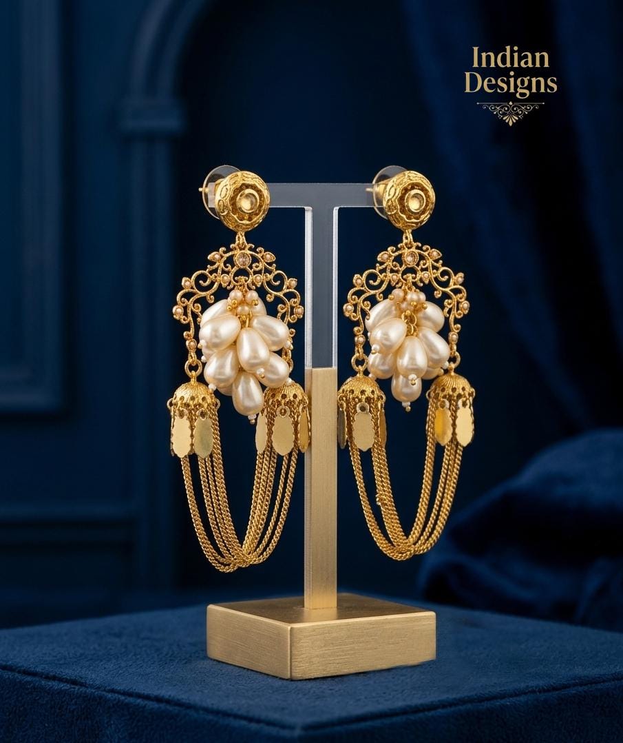 Gold plated Pearl Cluster Dangle Earrings| Traditional Mughal Inspired Statement Jewelry