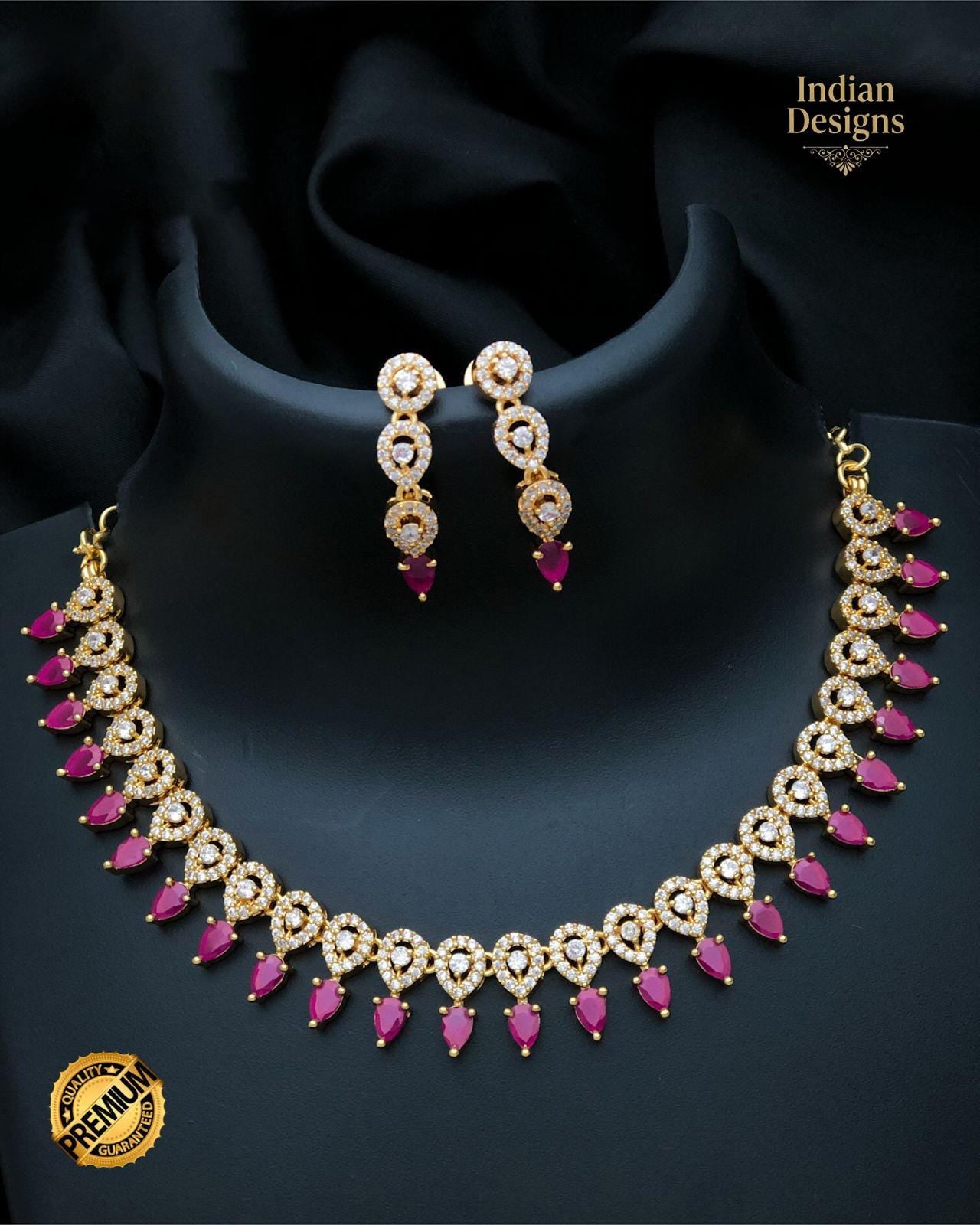 Gold plated Indian Choker and Earrings Set| CZ American Diamond Neckpiece| Minimalist Necklace with Matching Earrings| Traditional Choker
