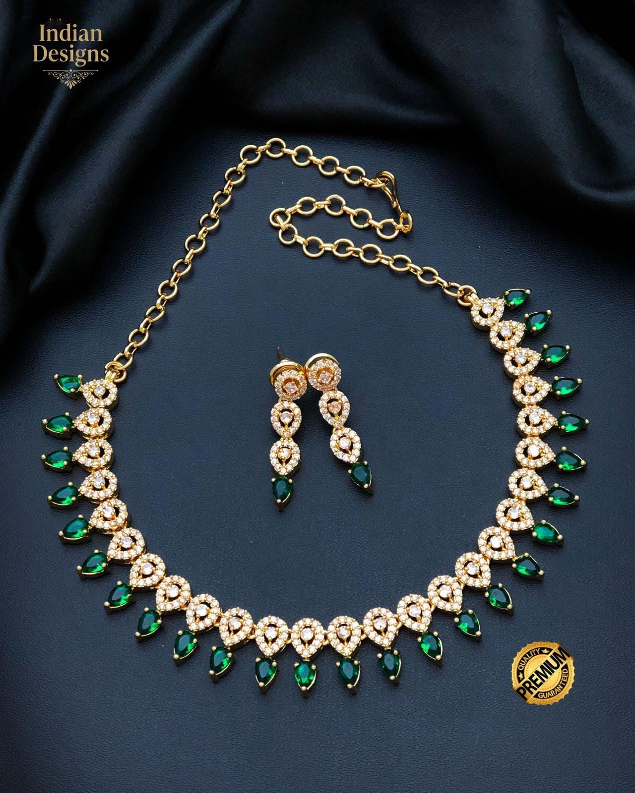 Gold plated Indian Choker and Earrings Set| CZ American Diamond Neckpiece| Minimalist Necklace with Matching Earrings| Traditional Choker