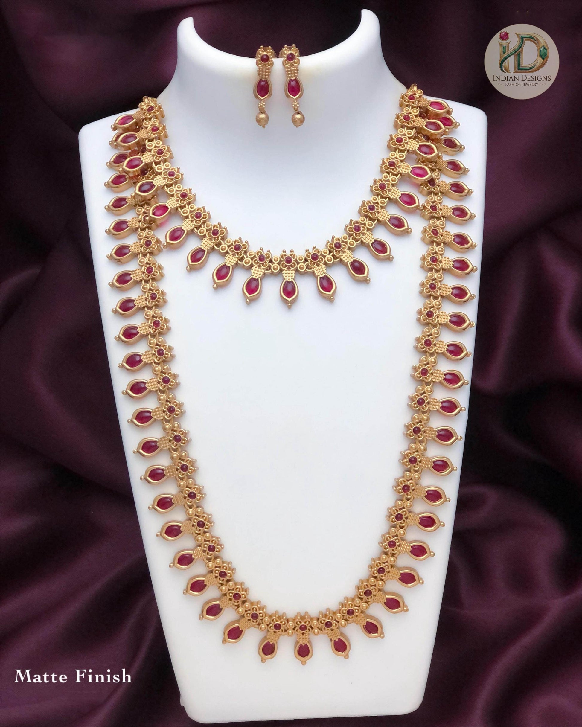 Matte Gold Choker and Long Necklace Combo Set| Emerald Green Ruby Pink Kemp Stone Mango Mala| South Indian Temple Jewelry| Gift for her