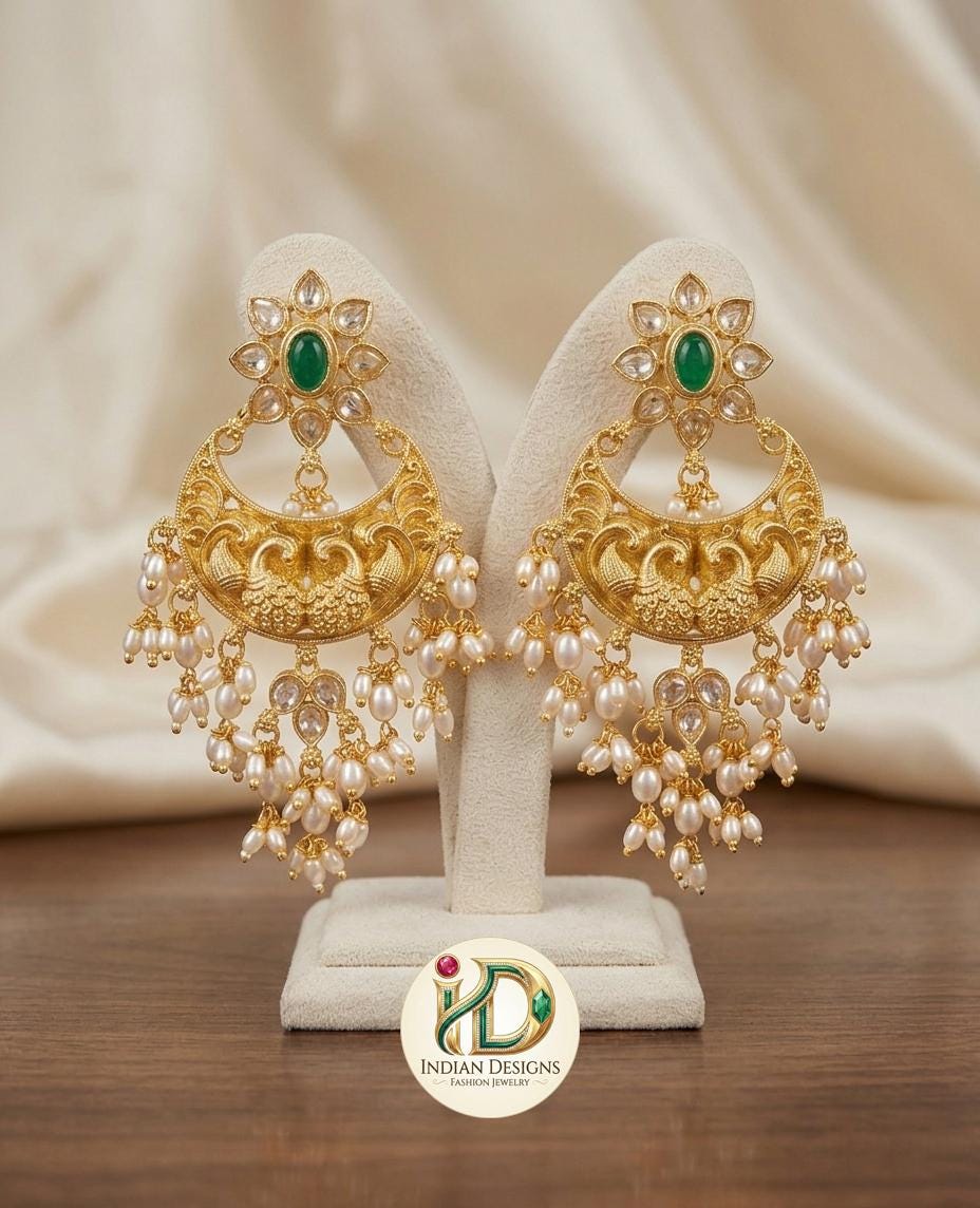 Antique Gold Plated Chandbali Earrings| Matte Finish Peacock Jhumkas| Statement Earrings| Temple Jewelry Jhumka| Pearl Drop Earrings