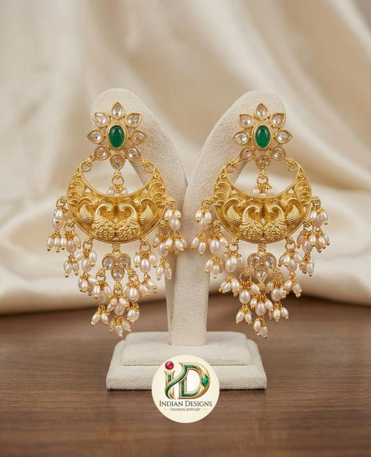 Antique Gold Plated Chandbali Earrings| Matte Finish Peacock Jhumkas| Statement Earrings| Temple Jewelry Jhumka| Pearl Drop Earrings