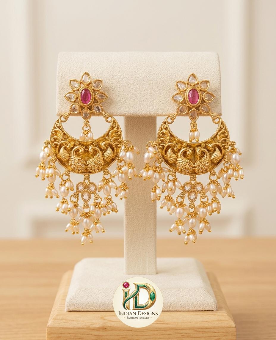 Antique Gold Plated Chandbali Earrings| Matte Finish Peacock Jhumkas| Statement Earrings| Temple Jewelry Jhumka| Pearl Drop Earrings