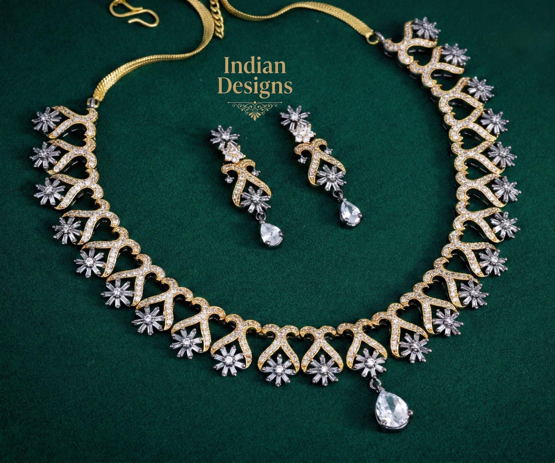 Oxidized AD stone necklace and Earring set| Floral Statement Necklace| Rose gold CZ Crystal Necklace| Luxury Evening Jewelry| Gift for her