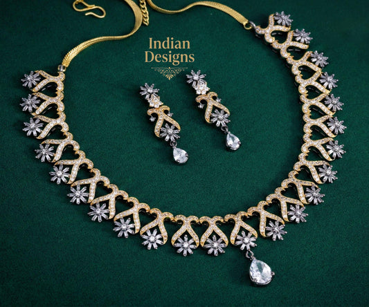 Oxidized AD stone necklace and Earring set| Floral Statement Necklace| Rose gold CZ Crystal Necklace| Luxury Evening Jewelry| Gift for her