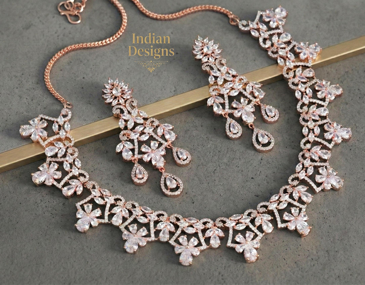 Rose Gold Floral Statement Necklace and Earring Set| Cubic Zirconia Bridal Jewelry| Elegant Flower Choker Set| Indian Designs| Gift for her