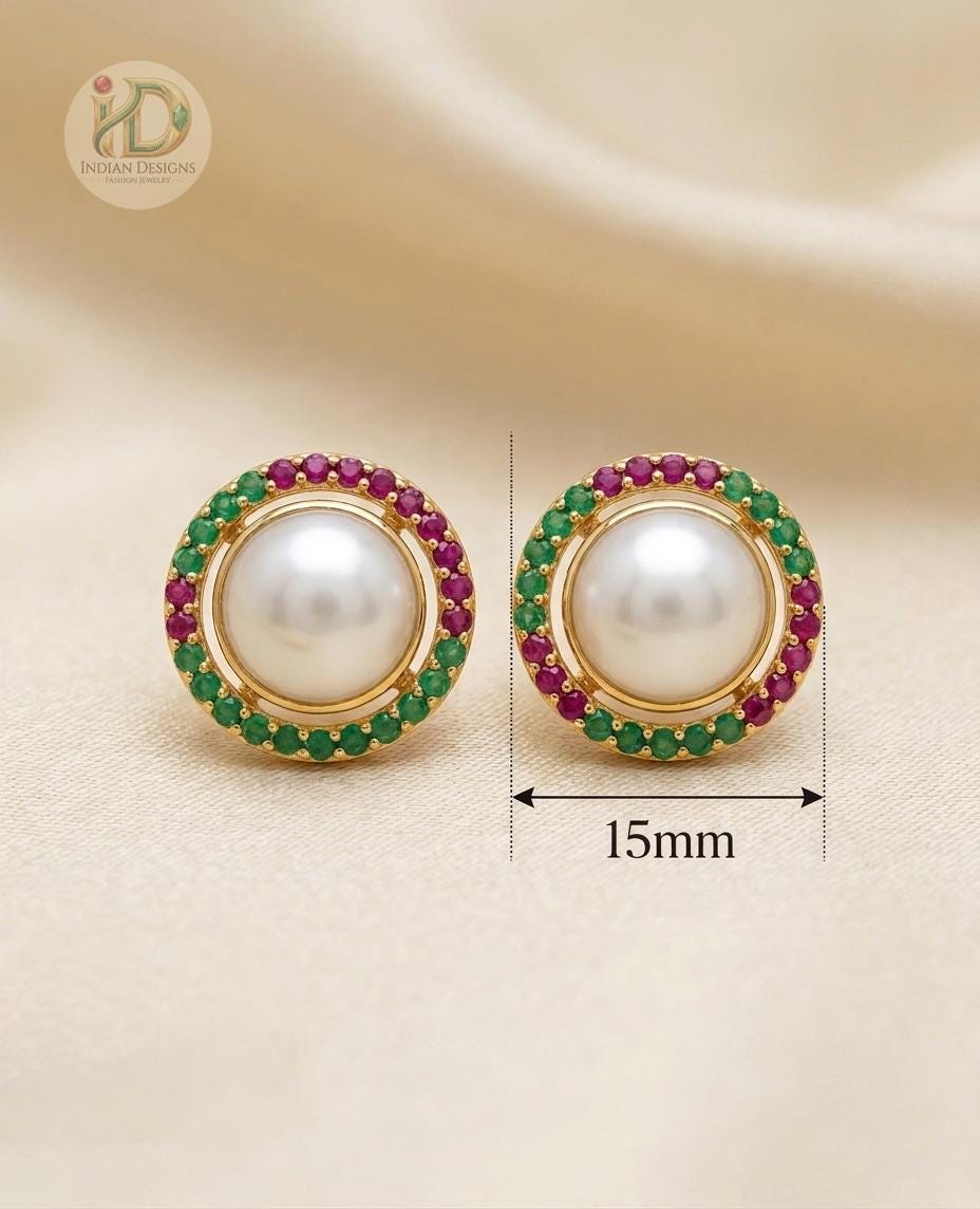 Round Pearl Ear Studs for Women| Gold Plated Ruby & Emerald Studs| Traditional Indian Wedding Jewelry| Statement Earrings| Gift for her