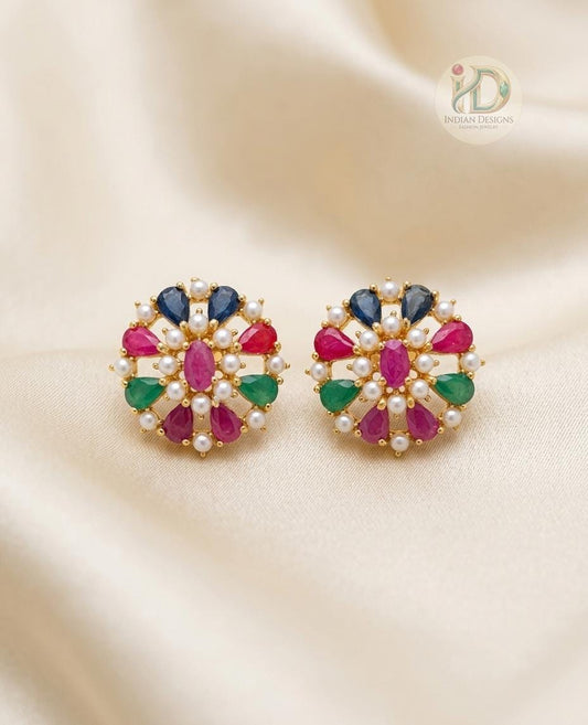 Multi-Color Gemstone Studs| Daily Wear Studs| Ruby Emerald & Sapphire Cluster Earrings| Traditional Gold Stud Earrings| Gift for her
