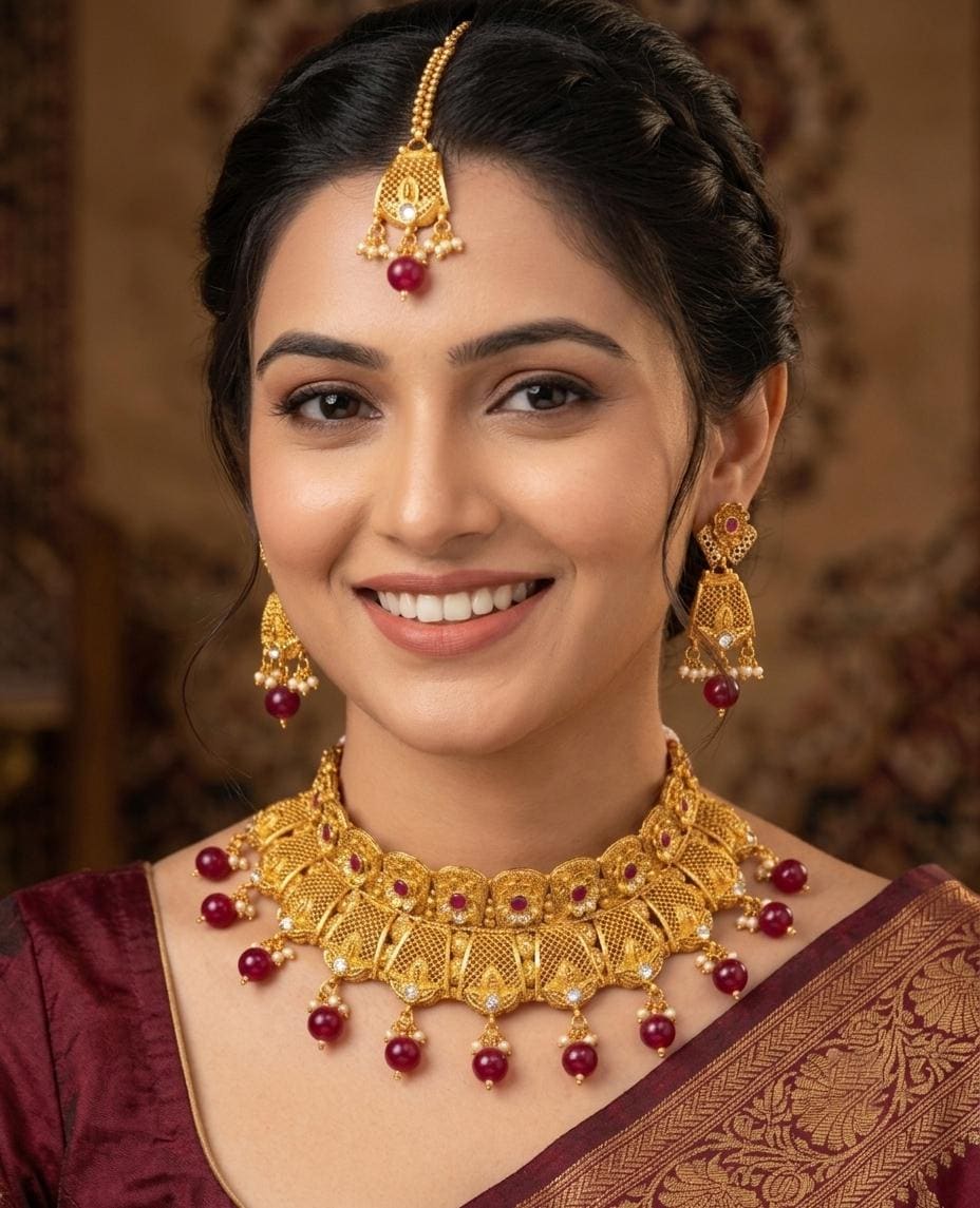 Gold Plated Bridal Choker Necklace Set with Earrings & Maang Tikka| Indian Wedding Jewelry| Ruby Necklace | Traditional Bridal| Gift for her