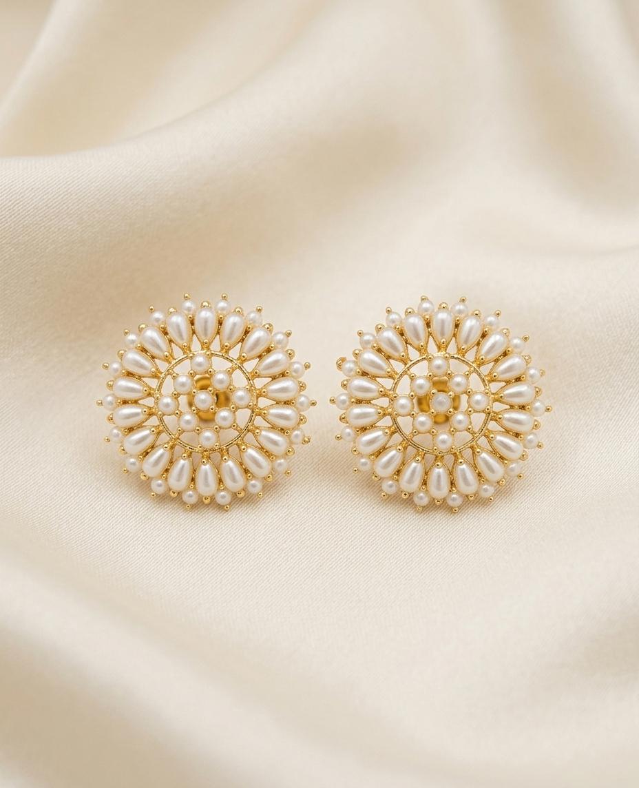 Floral Pearl Stud Earrings| Victorian Style Gold Plated Pearl Cluster Studs| Mughal Inspired Jewelry for Women| Statement Pearl Earrings