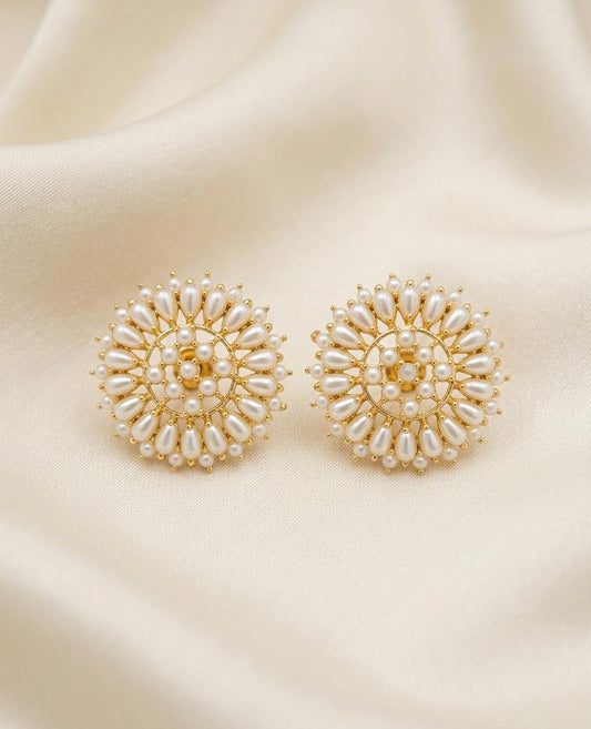Floral Pearl Stud Earrings| Victorian Style Gold Plated Pearl Cluster Studs| Mughal Inspired Jewelry for Women| Statement Pearl Earrings
