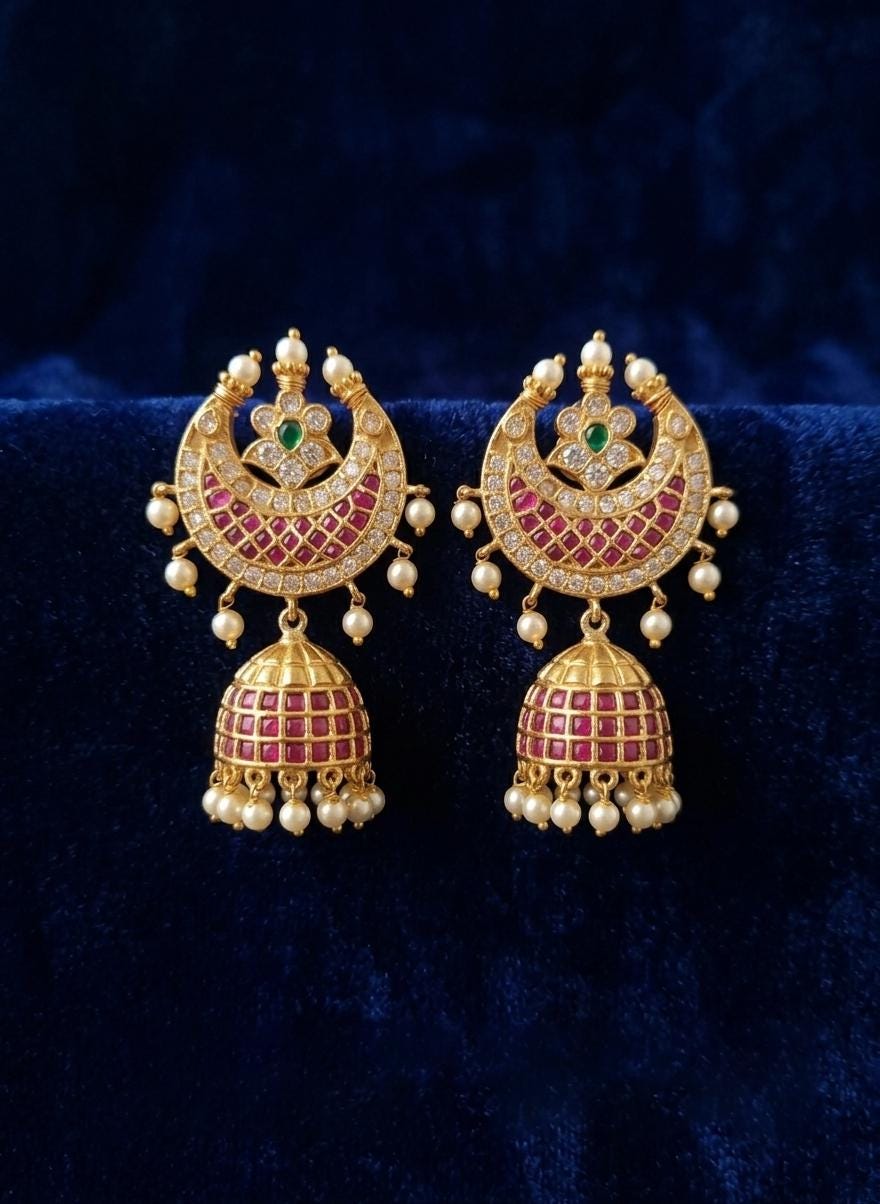 Kemp stone Chandbali jhumka earrings| Indian temple jewelry| ruby/green & pearls jhumki| gold-tone bridal dangle| statement ethnic earrings