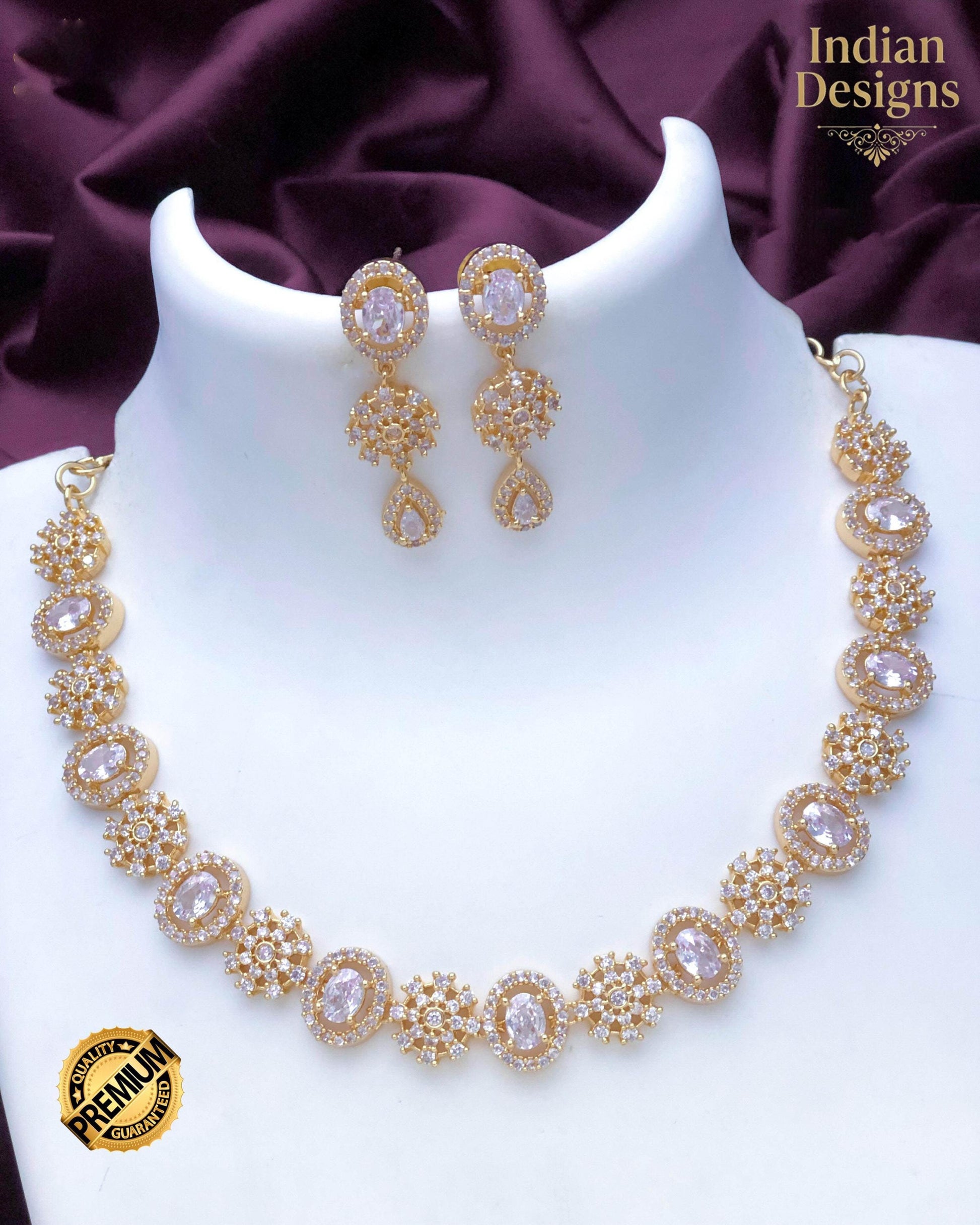 Gold Plated AD stone Necklace and Earring Set| American Diamond choker set| Oval Stone Jewelry Set| Minimalist Statement Set| Gift of her