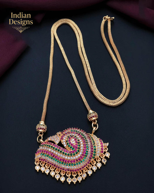 Gold Plated Pendant Necklace| CZ Stone Long Chain Necklace| Traditional Indian Statement Pendant| South Indian Wedding Jewelry| Gift for her