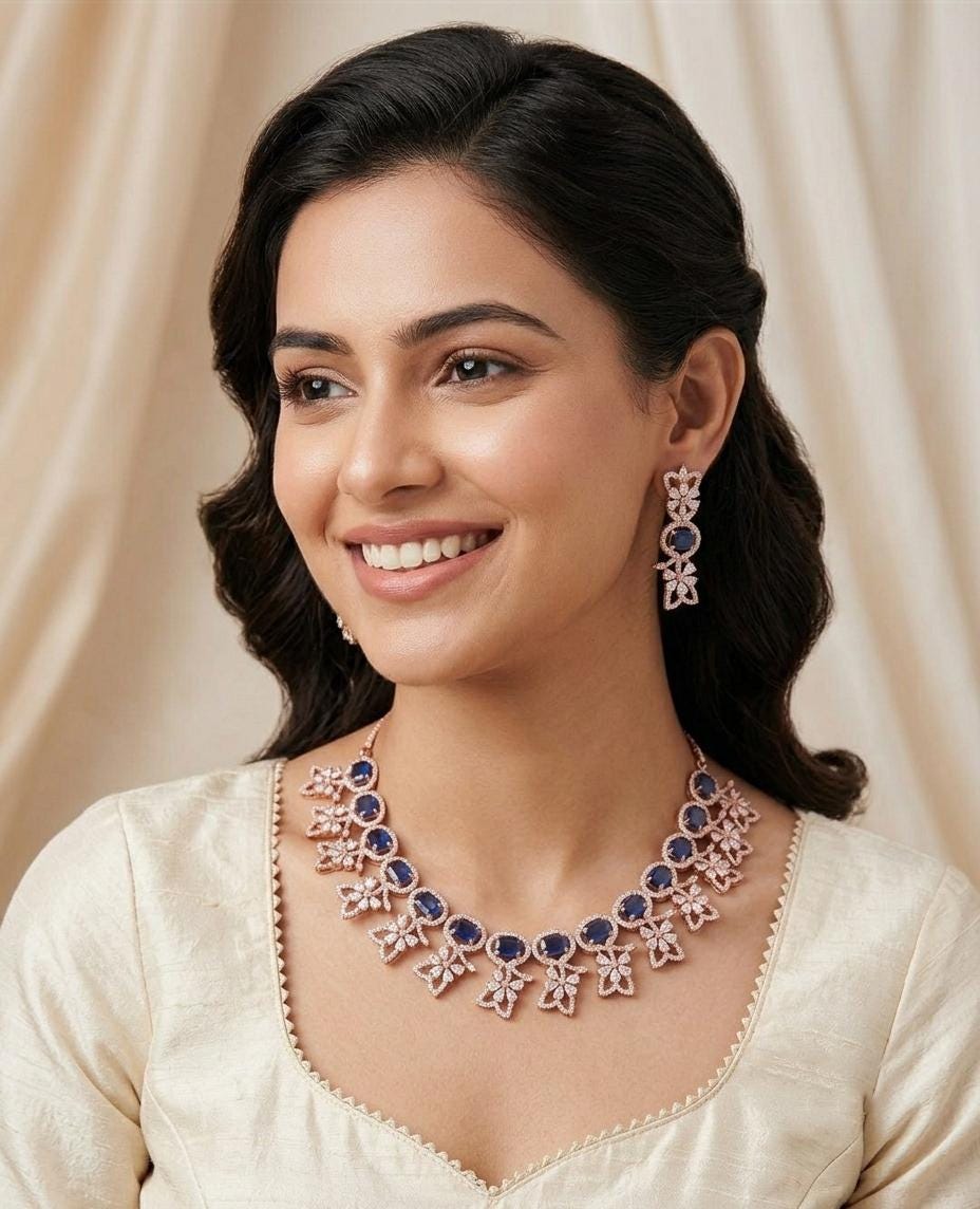 Rose gold american diamond cz choker necklace with earrings| statement wedding jewelry|indian bollywood style fashion necklace |gift for her