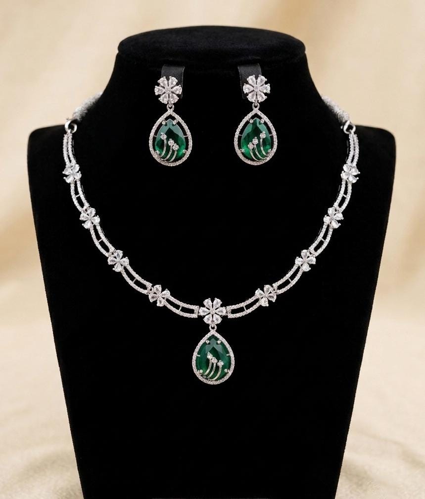 American Diamond Choker Necklace Set| AD Stone Necklace with Earrings| Silver Tone Wedding Jewelry| Pink, Emerald, Green Mint| Gift for her