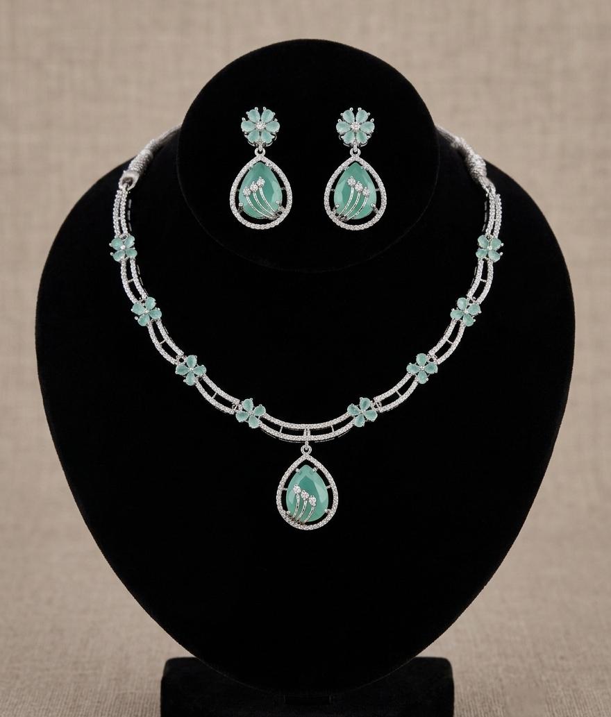 American Diamond Choker Necklace Set| AD Stone Necklace with Earrings| Silver Tone Wedding Jewelry| Pink, Emerald, Green Mint| Gift for her