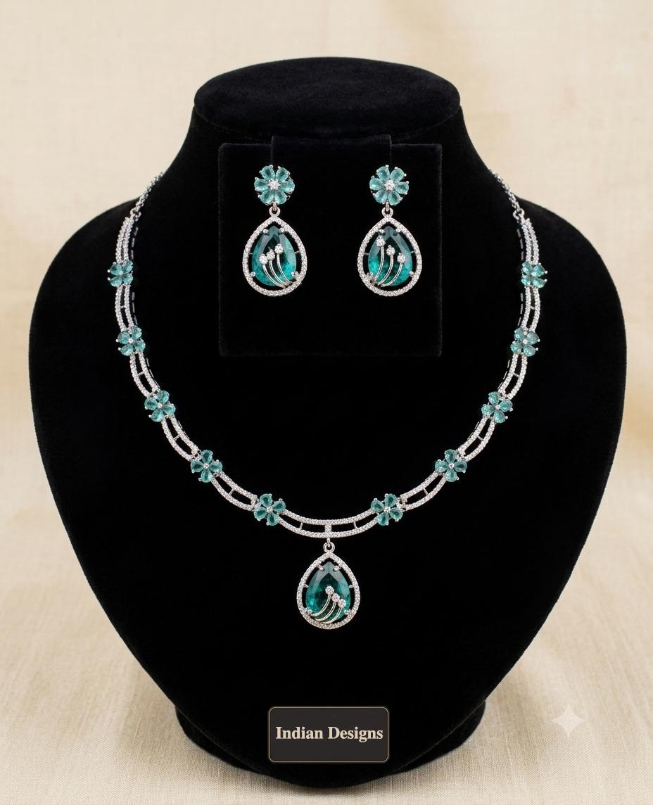 American Diamond Choker Necklace Set| AD Stone Necklace with Earrings| Silver Tone Wedding Jewelry| Pink, Emerald, Green Mint| Gift for her