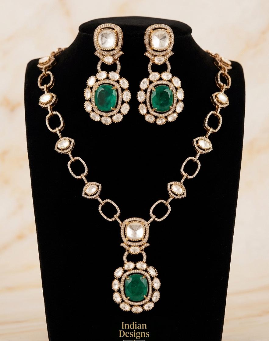 Dull Gold Doublet stone Moissanite Polki Kundan Necklace set|Sabyasachi Inspired Jewelry| American Diamond Statement Necklace| Gift for her