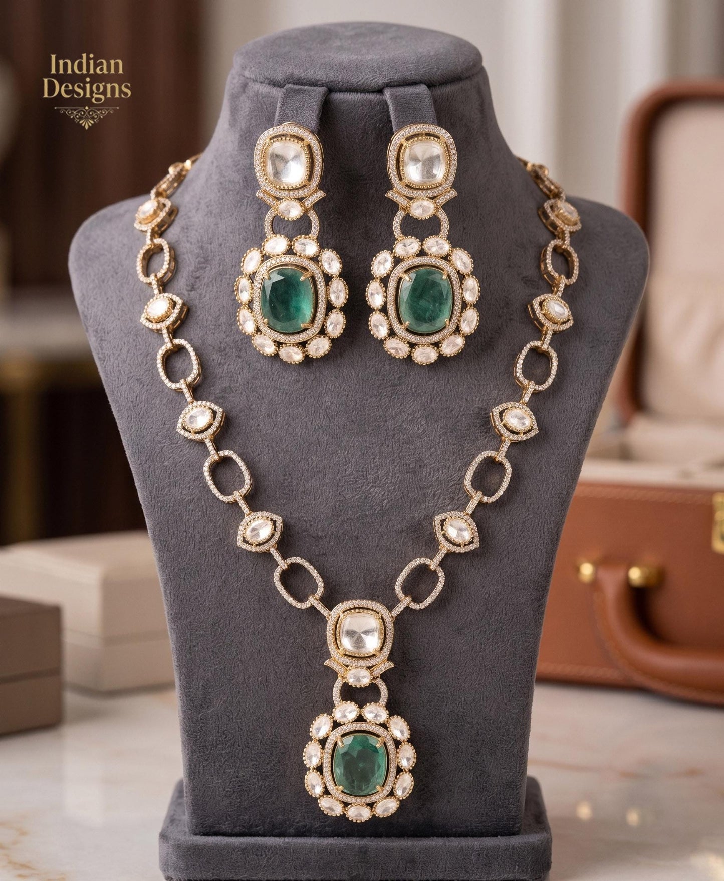 Dull Gold Doublet stone Moissanite Polki Kundan Necklace set|Sabyasachi Inspired Jewelry| American Diamond Statement Necklace| Gift for her