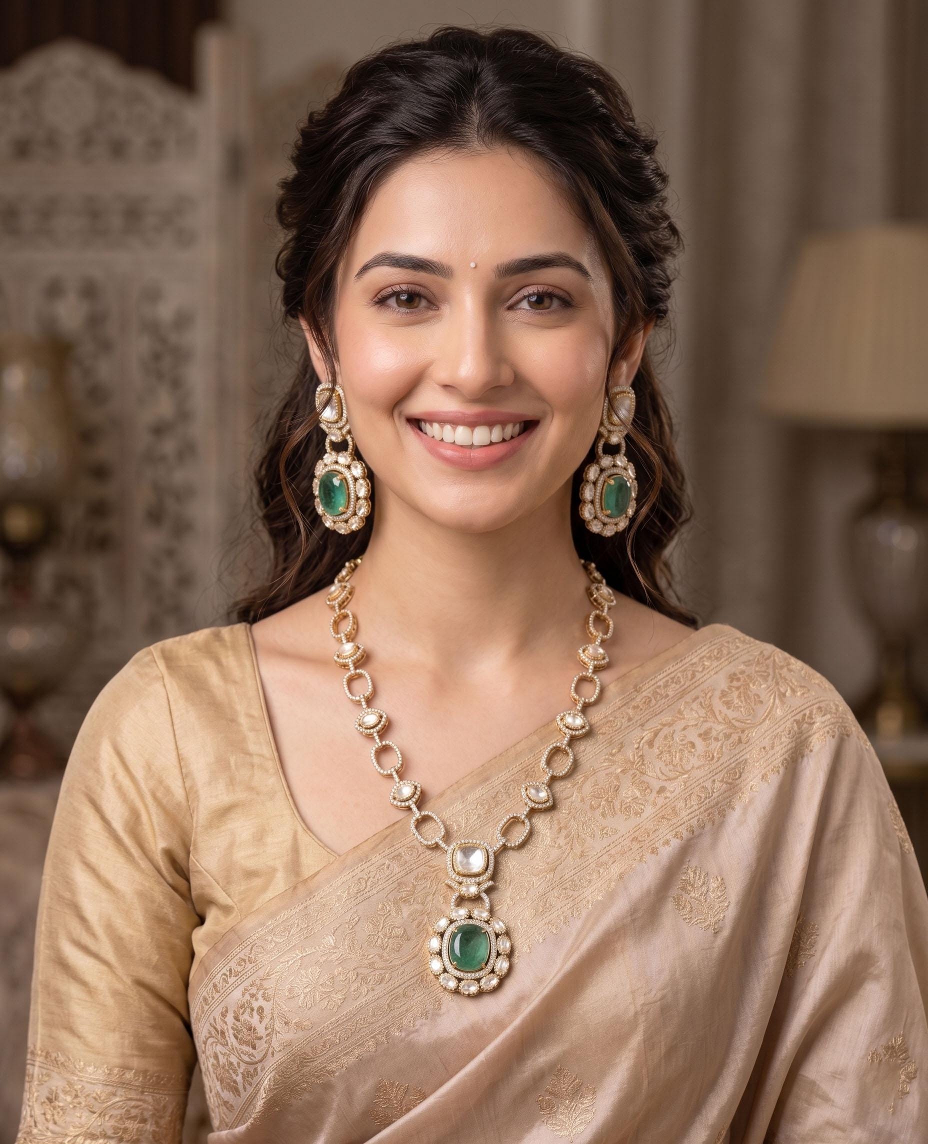 Dull Gold Doublet stone Moissanite Polki Kundan Necklace set|Sabyasachi Inspired Jewelry| American Diamond Statement Necklace| Gift for her