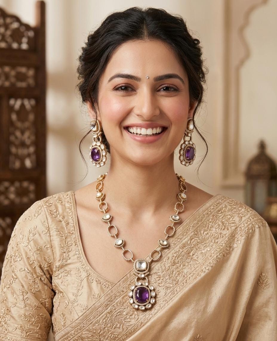 Dull Gold Doublet stone Moissanite Polki Kundan Necklace set|Sabyasachi Inspired Jewelry| American Diamond Statement Necklace| Gift for her