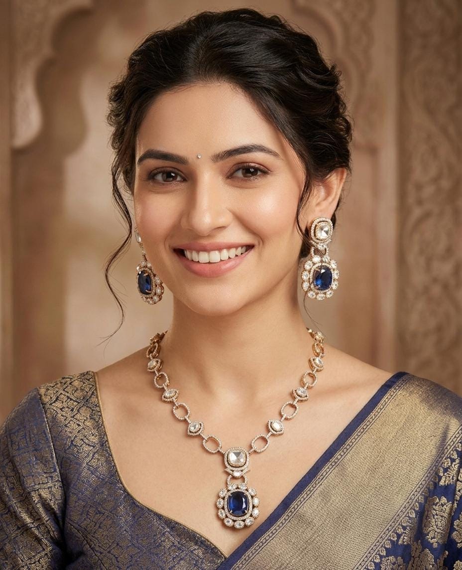 Dull Gold Doublet stone Moissanite Polki Kundan Necklace set|Sabyasachi Inspired Jewelry| American Diamond Statement Necklace| Gift for her
