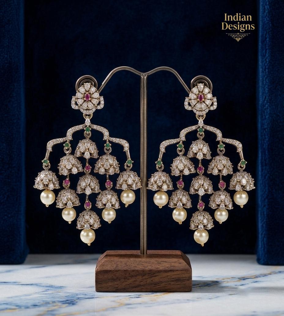Victorian Polish Jhumka Earrings| Dull Gold AD Stone Dangle Chandbali| Pearl Drop Wedding & Festive Jewelry| Statement Earrings Gift for her