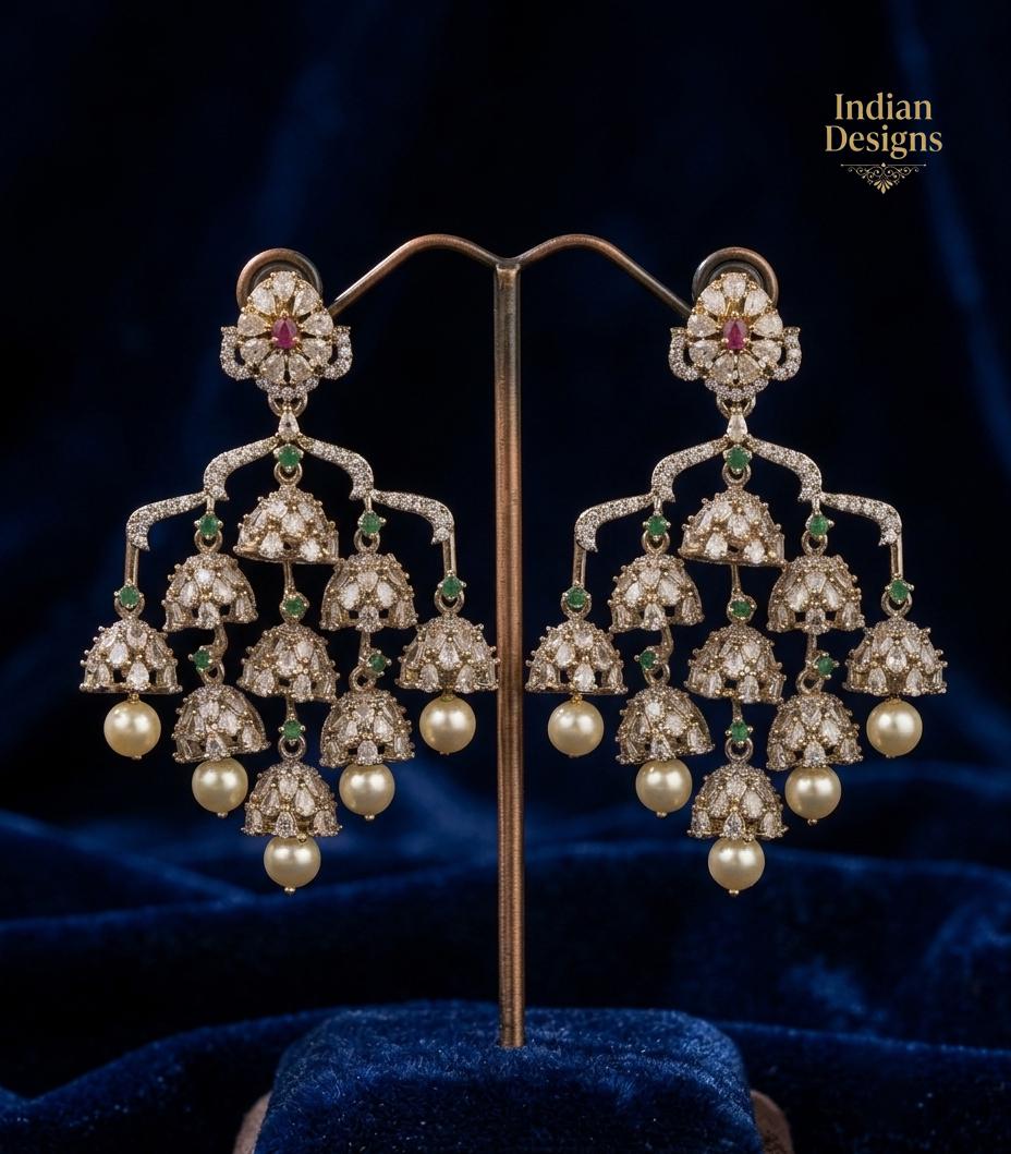 Victorian Polish Jhumka Earrings| Dull Gold AD Stone Dangle Chandbali| Pearl Drop Wedding & Festive Jewelry| Statement Earrings Gift for her