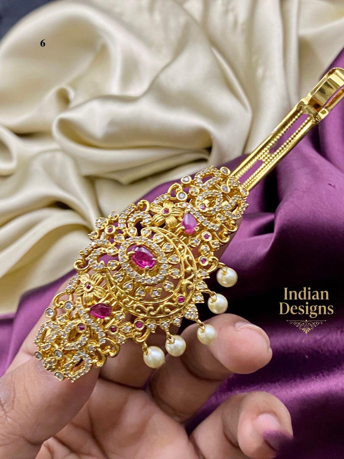 Indian Bridal Hair Clip| AD stone Hair Clip| Hair Accessories| Embellished Indian Hair Accessory with Kundan and Pearls| Gift for her