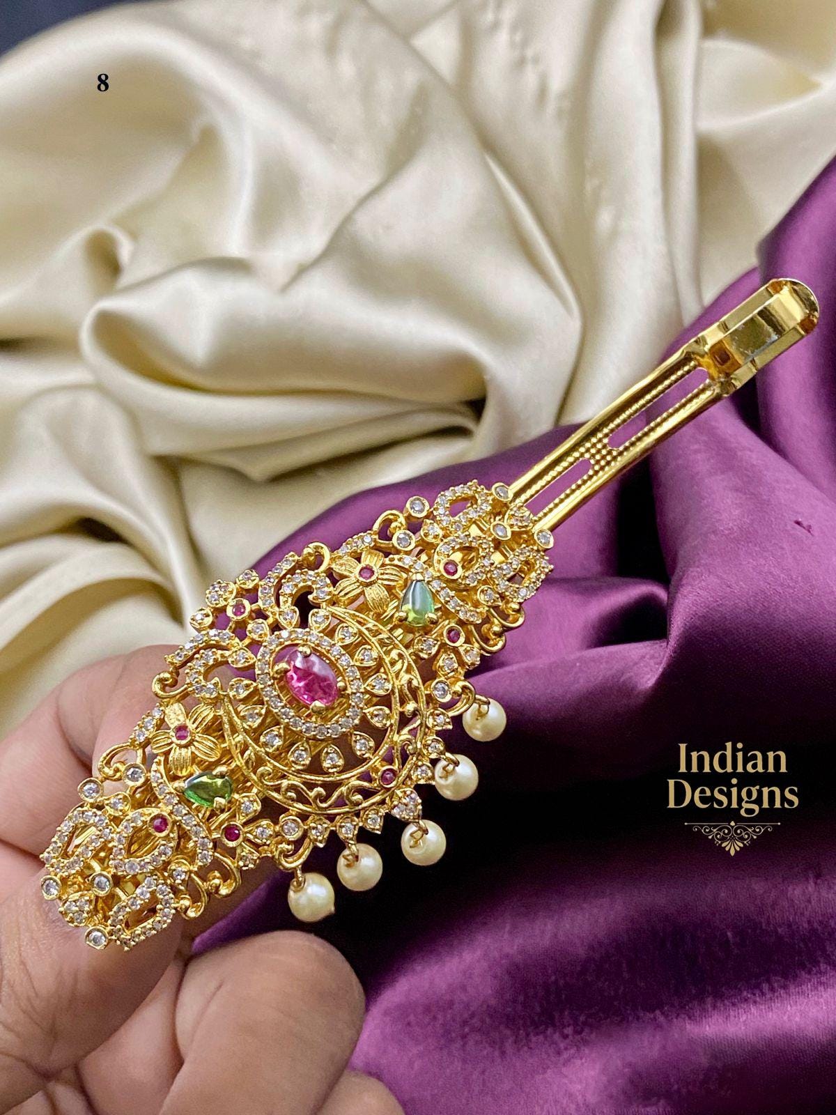 Indian Bridal Hair Clip| AD stone Hair Clip| Hair Accessories| Embellished Indian Hair Accessory with Kundan and Pearls| Gift for her