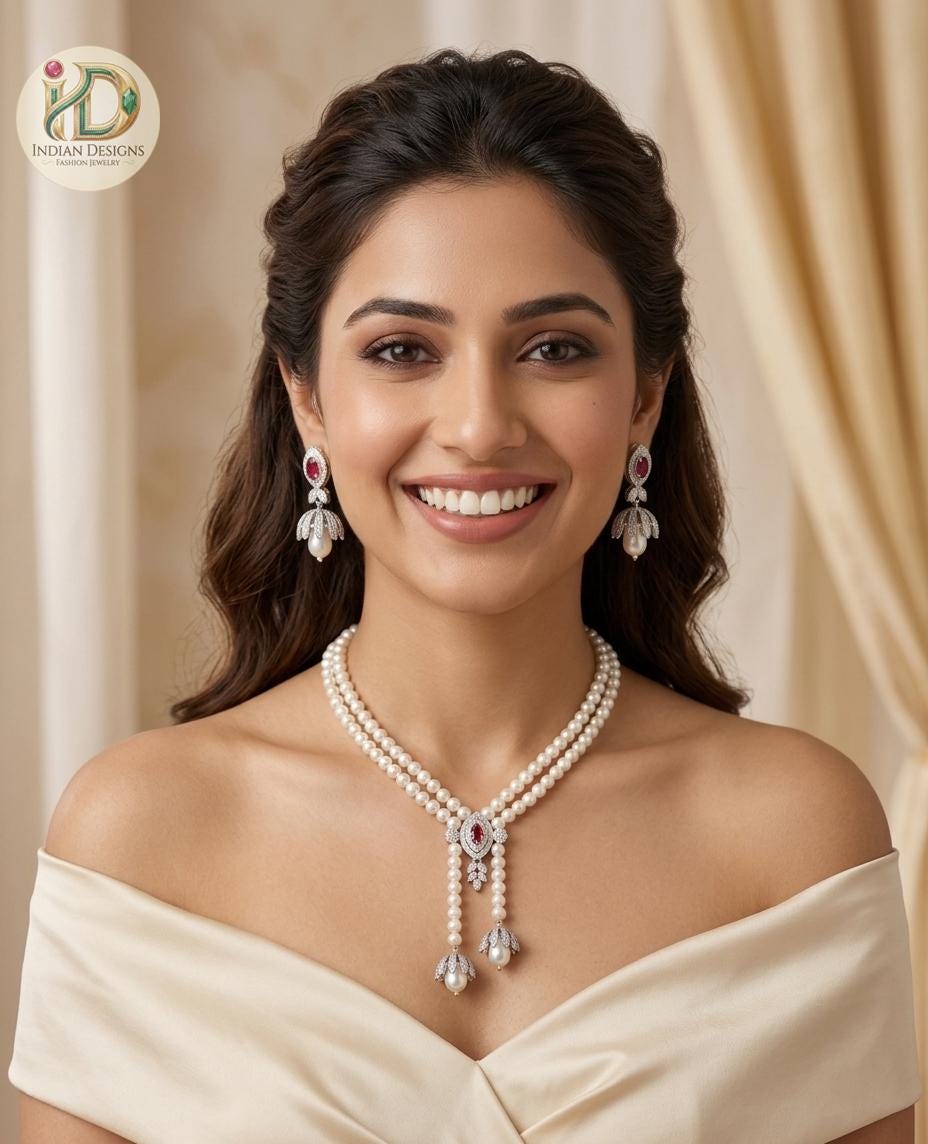Multistrand Pearl Lariat Necklace & Earrings Set| Elegant Wedding Jewelry for Bride| Statement Necklace| Indian Designs Bridal Jewelry