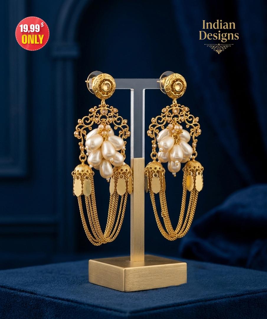 Gold plated Pearl Cluster Dangle Earrings| Traditional Mughal Inspired Statement Jewelry